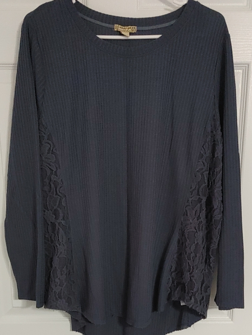 Energe Navy Ribbed Crewneck Top Lace Insets Size 2X Waffle Knit Casual Cabincore
